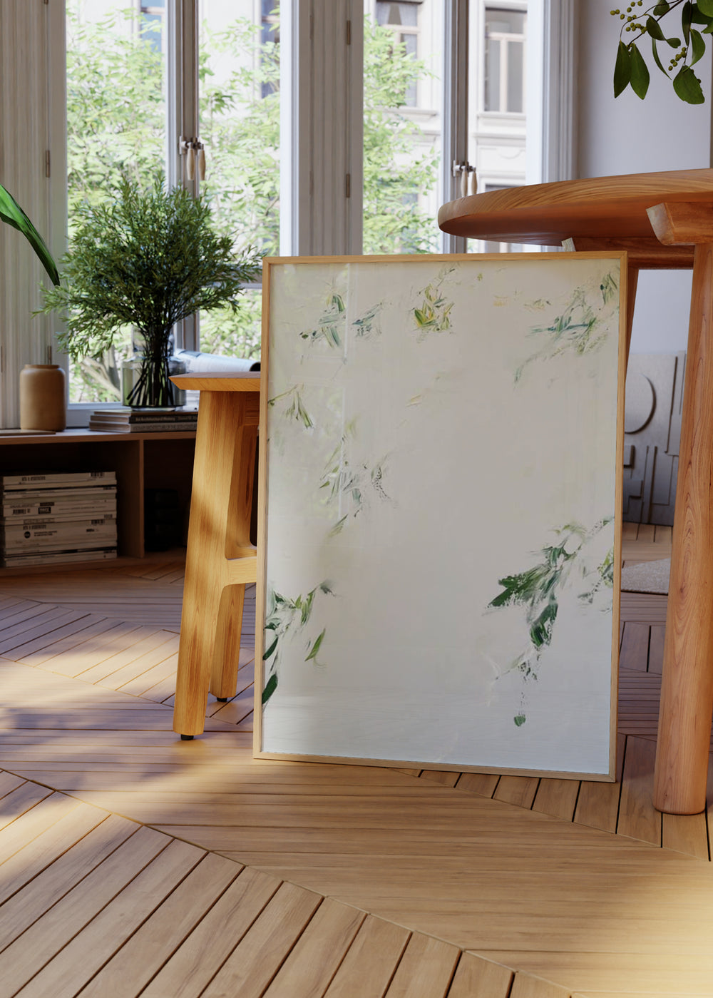 Wandbild abstrakt in Weiß mit natürlichen grünen Details, klarer dekorativer Stil und sanfte Raumwirkung. Erhältlich auf kudeko.com