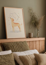 Cuadro decorativo de estilo minimalista y ilustración colocado en habitación infantil, perrito infantil con constelaciones, modelo Perrito Constelaciones Infantil