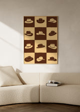 Cuadro decorativo de estilo minimalista y ilustración colocado en salón, sombreros cowboy en patrón ajedrezado, modelo Cowboy Checkerboard