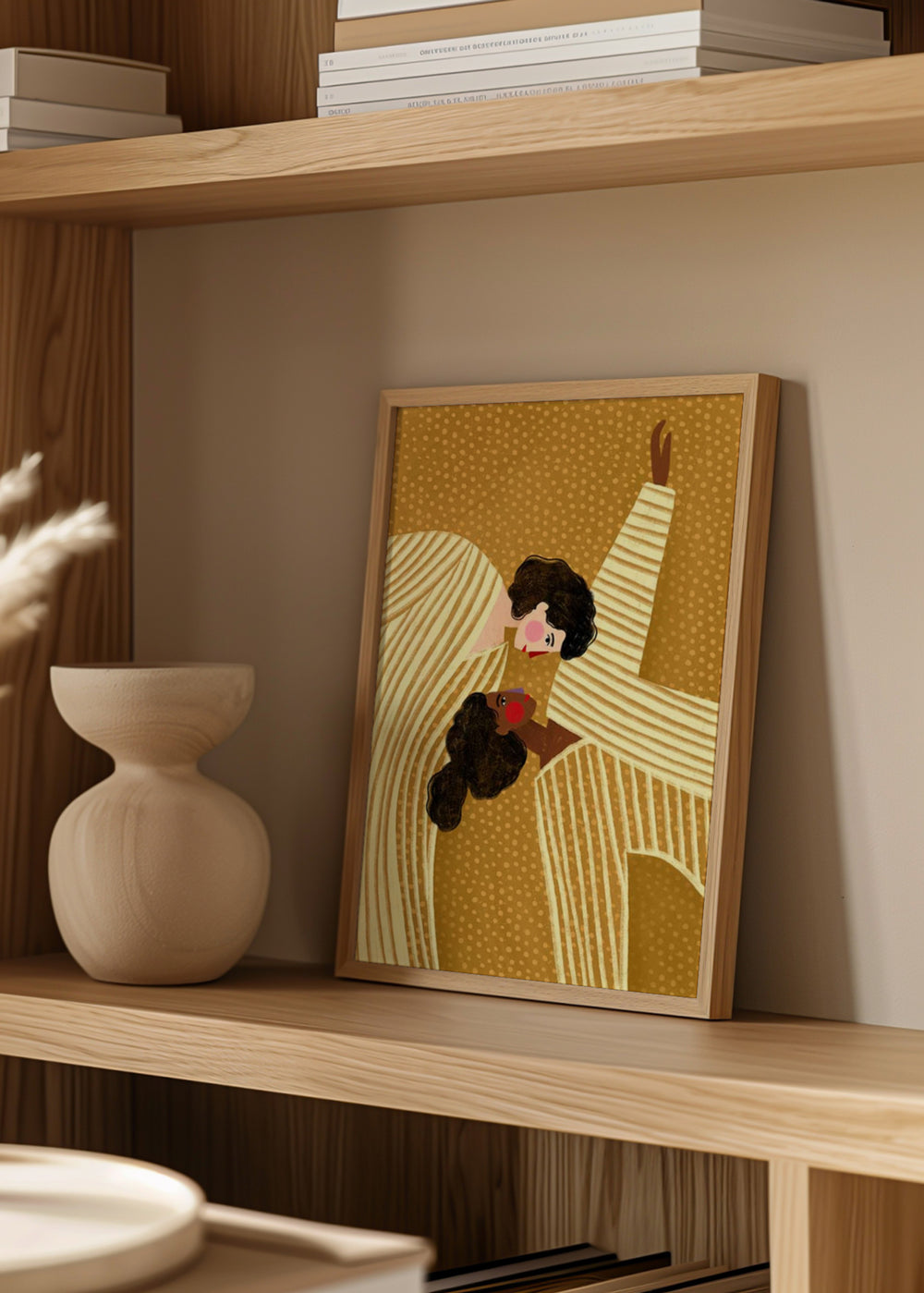 Cuadro decorativo de estilo minimalista y ilustración colocado en salón, ilustración abstracta de dos mujeres en líneas, modelo Two Line Women