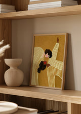 Farbenfrohes Wandbild mit zwei Frauen in goldenen Tönen, dekorativer grafischer Stil von Bea Muller. Erhältlich auf kudeko.com