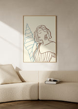 Cuadro decorativo de estilo minimalista y mar_y_playa colocado en dormitorio, mujer con caracola en trazo lineal, modelo Alma de verano