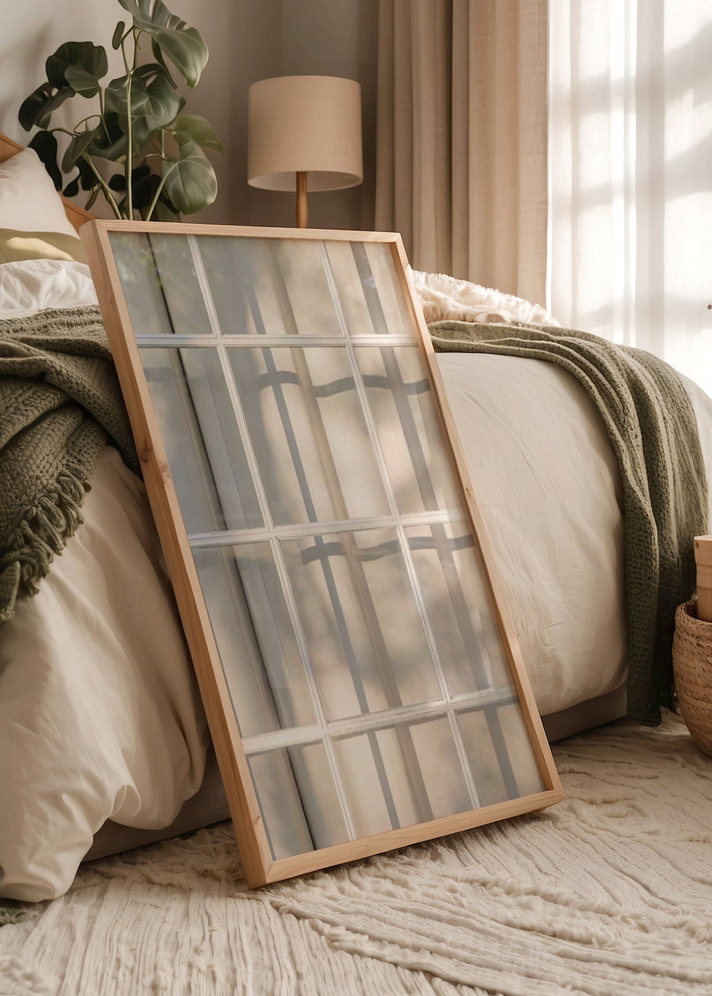 Wandbild im minimalistischen Stil mit einem Fenster und fallenden Schatten, ideal für eine elegante und helle Dekoration. Erhältlich auf kudeko.com