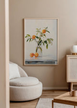 Quadro quadrado fotográfico de um ramo com laranjas frescas em um vaso disponível em kudeko.com