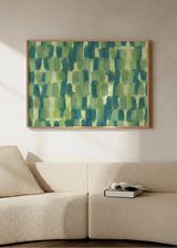 Cuadro decorativo de estilo minimalista y orgánico colocado en salón, bosque abstracto en tonos verdes suaves, modelo Bosque abstracto
