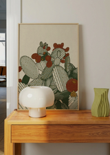 Cuadro decorativo de estilo minimalista y orgánico colocado en salón, ilustración de chumberas con frutos en tonos tierra, modelo Chumberas cactus