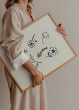 Cuadro decorativo de estilo minimalista y orgánico colocado en salón, ilustración minimalista de flores simples, modelo Flores simples
