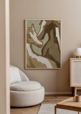 Cuadro decorativo de estilo minimalista y orgánico colocado en salón, ilustración serena de caballos en tonos tierra, modelo Horse Love