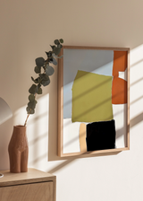 Cuadro decorativo de estilo minimalista y orgánico colocado en salón, composición abstracta de bloques orgánicos, modelo Muted Abstract Forms