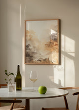 Tableau de paysage avec boisement diffus, rivière douce, branches fines, tons beige, sable, crème et brun fumé, dans un style nature et paysage épuré. Disponible sur kudeko.com
