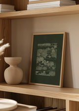 Cuadro decorativo de estilo minimalista y orgánico colocado en salón, paisaje lineal de cultivos y árboles, modelo Rasgado lineal cultivos