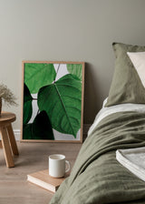 Wandbild mit Nahaufnahme grüner Blätter, das ihre natürliche Textur und frische Ausstrahlung hervorhebt. Erhältlich auf kudeko.com