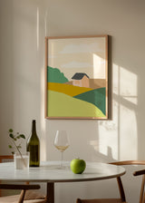 Cuadro decorativo de estilo minimalista y orgánico colocado en salón, paisaje rural minimalista con casita, modelo Un Paisaje Especial II