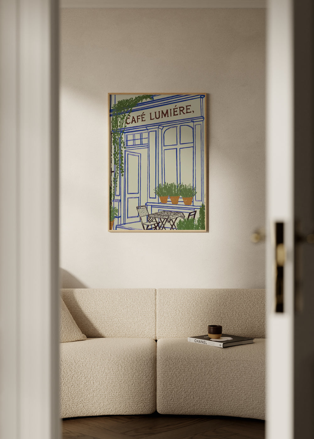 Buntes Wandbild der Café Lumière-Fassade, erhältlich bei kudeko.com.