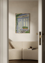 Cuadro decorativo de estilo minimalista y sereno colocado en cocina, fachada de café parisino ilustrado, modelo Café Lumière