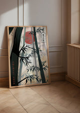 Japanisches Wandbild mit Bambuswald und roter Sonne im Japandi Stil, klare natürliche und ruhige dekorative Ausstrahlung. Erhältlich auf kudeko.com