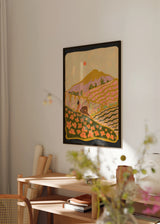 Cuadro decorativo de estilo orgánico y colorido colocado en salón, campo de flores con paisaje montañoso, modelo Field Of Flowers