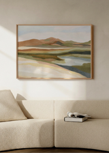 Cuadro decorativo de estilo orgánico y minimalista colocado en salón, paisaje sereno en acuarela, modelo Calm Watercolor Landscape