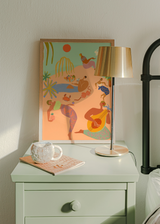 Cuadro decorativo de estilo orgánico y minimalista colocado en salón, escena tropical de vacaciones en la playa, modelo Vacation