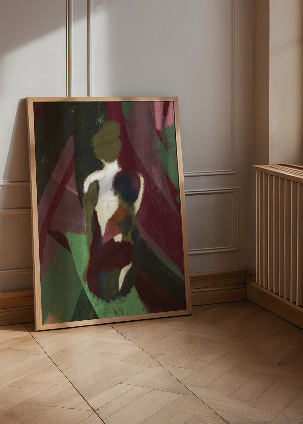 Cuadro decorativo de estilo orgánico y sereno colocado en salón, figura femenina abstracta orgánica, modelo Organic hug I