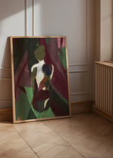 Tableau avec figure humaine abstraite en vert sauge, bordeaux, rose poudré, noir et blanc, entourée de formes organiques et d'une composition abstraite équilibrée au style contemporain. Disponible sur kudeko.com