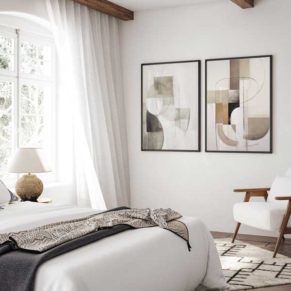 Ensemble de deux tableaux avec formes géométriques douces, blocs superposés, fines lignes courbes et tons beige, sable, gris taupe, noir et blanc cassé, dans un style abstrait. Disponible sur kudeko.com