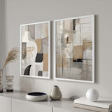 Conjunto de dos cuadros con formas orgánicas, líneas finas y composición en beige, gris, negro y blanco, de estilo abstracto. Disponible en kudeko.com