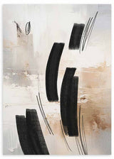Tableau encadré avec composition abstraite de formes noires courbes, lignes fines, fond beige, écru et nuances terre, dans un style contemporain épuré. Disponible sur kudeko.com