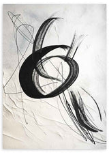 Quadro com composição abstrata de traços pretos curvos, linhas finas cruzadas, fundo branco quebrado texturado e estilo contemporâneo depurado para parede. Disponível em kudeko.com