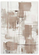 Tableau avec composition abstraite de blocs beige, sable et gris doux, fines lignes noires, traits gestuels et fond clair, dans un style abstrait épuré. Disponible sur kudeko.com