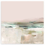 Cuadro cuadrado con paisaje abstracto en tonos rosa empolvado, beige, blanco roto y verde agua, con formas suaves y atmósfera serena de estilo abstracto. Disponible en kudeko.com