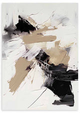 Cuadro con composición abstracta en negro, beige, blanco roto y gris, con manchas amplias, trazos dinámicos y contraste sobre fondo claro, de estilo abstracto. Disponible en kudeko.com