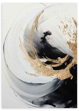 Cuadro con composición abstracta de curvas envolventes en blanco, negro, gris y detalles dorados, de estilo abstracto. Disponible en kudeko.com