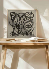 Quadro quadrado com composição abstrata em preto e bege, grande olho central, formas simbólicas, linhas entrelaçadas e rosto fragmentado de estilo gráfico. Disponível em kudeko.com