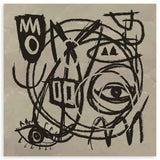 Quadro quadrado com composição abstrata em preto e bege, grande olho central, formas simbólicas, linhas entrelaçadas e rosto fragmentado de estilo gráfico. Disponível em kudeko.com