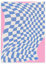 Quadro com padrão de quadrados ondulados em azul claro e branco, formas curvas cor-de-rosa e estilo geométrico moderno com sensação de movimento. Disponível em kudeko.com