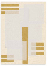 Cuadro con composición abstracta de rectángulos y franjas en beige, blanco roto y mostaza suave, con estética limpia y equilibrada de estilo abstracto. Disponible en kudeko.com