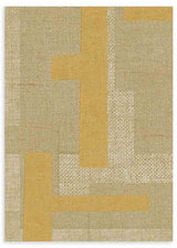 Tableau encadré à composition abstraite avec blocs rectangulaires superposés, texture visuelle textile, tons beige, sable, crème et moutarde, style abstrait et géométrique. Disponible sur kudeko.com