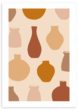 Tableau encadré avec composition de vases et poteries aux formes organiques, en terracotta, beige, sable et brun doux sur fond crème, dans un style minimaliste. Disponible sur kudeko.com