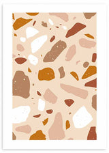 Quadro com formas orgânicas irregulares inspiradas no terrazzo, em bege, terracota, mostarda, branco sujo e castanho, de estilo abstrato contemporâneo. Disponível em kudeko.com