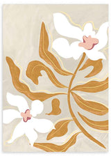 Tableau avec grandes fleurs blanches, feuilles ocres et moutarde, fond beige et style floral aux formes épurées pour une décoration murale chaleureuse et équilibrée. Disponible sur kudeko.com