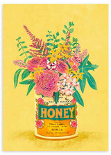 Cuadro de ilustración floral colorida y vintage, sobre fondo amarillo y tarro con palabra "honey"
