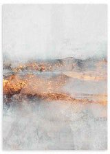 Cuadro con composición abstracta de niebla difusa, texturas suaves en blanco roto, gris perla, azul grisáceo y reflejos cobre luminosos, de estilo abstracto. Disponible en kudeko.com
