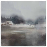 Cuadro cuadrado con lago brumoso, bosque difuso al fondo, reflejos en agua tranquila, tonos grises, beige y negro, de estilo naturaleza y paisajes. Disponible en kudeko.com