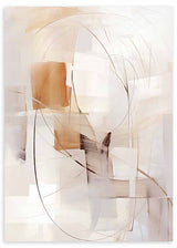 Quadro com composição abstrata de formas translúcidas, linhas curvas finas e tons de bege, creme, branco sujo e castanho suave, num estilo contemporâneo. Disponível em kudeko.com
