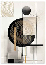 Cuadro con composición geométrica de círculos negros, formas beige y grises, líneas finas y detalles dorados sobre fondo claro, de estilo geométrico. Disponible en kudeko.com