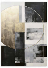 Wandbild mit geometrischer Komposition aus rechteckigen Flächen, großem überlagerten Kreis und weichen Texturen in Schwarz, Weiß, Grau und Beige, in einem ausgewogenen zeitgenössischen Stil. Erhältlich auf kudeko.com