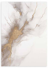 Tableau avec composition abstraite aux formes fluides en blanc cassé, gris doux et détails dorés à l’aspect minéral, style abstrait contemporain et décoration murale encadrée. Disponible sur kudeko.com
