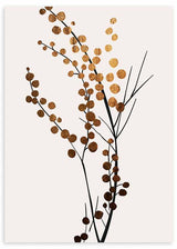 Quadro emoldurado com ramos botânicos pretos, pequenas folhas redondas em dourado acobreado, fundo claro e estilo minimalista para decoração de parede. Disponível em kudeko.com