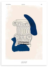 Cuadro ilustración de columna con trazo fino en negro y detalles en azul sobre fondo beige